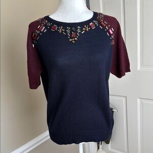 J Crew Navy and Burgundy Sweater with Jewel Accents - Size M